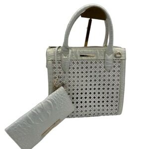 Brahmin White Croc-Embossed Woven Satchel with Matching Wallet